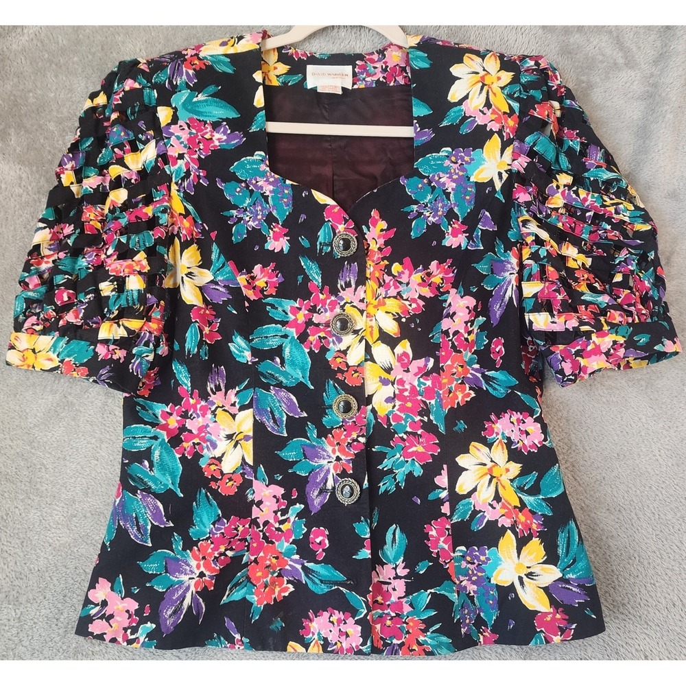 David Warren Shirt Womens 14 Black Floral Lattice Cage Puff Sleeve 80s Vintage
